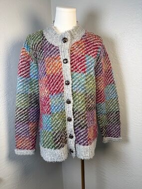 Appleseed’s Multicolor Patchwork Cardigan Sweater Button Front Cozy Size M